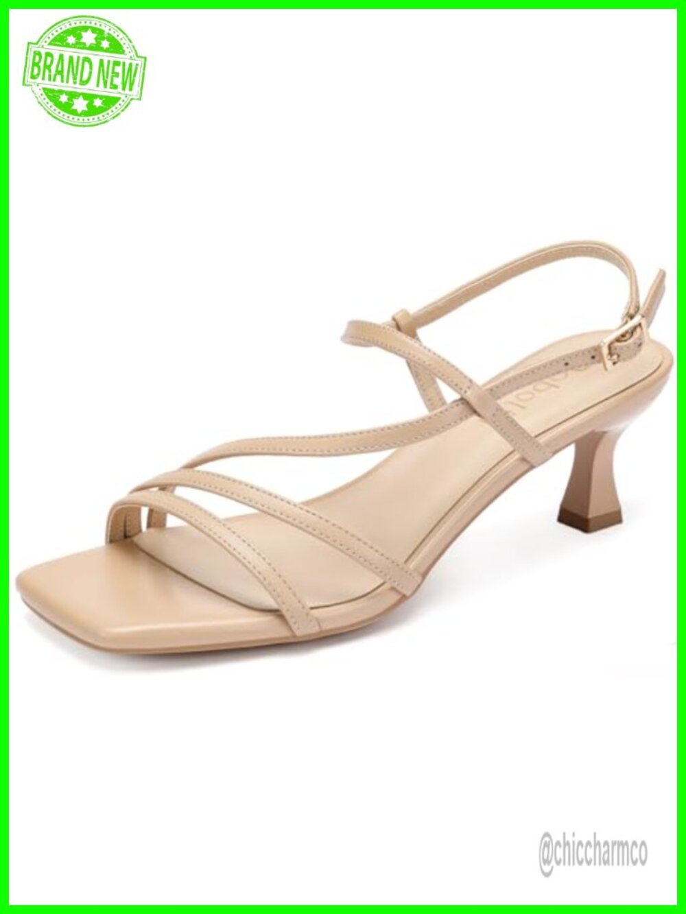 Women's Square Open Toe Kitten Heel Strappy Slingback Sandals Faux Leather